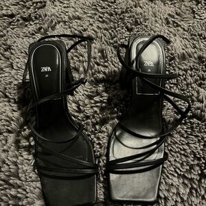 Zara Black Strappy Square-Toe Heels